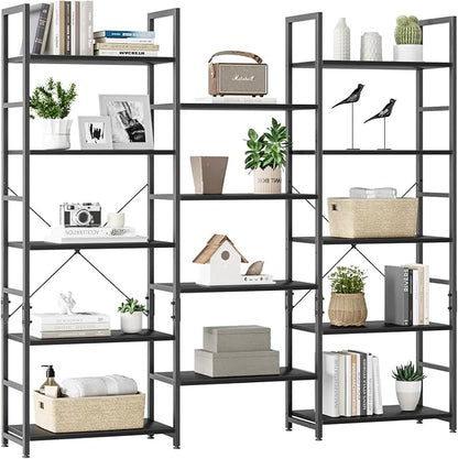 OTK Triple Wide 5 Tier Bookshelf, Rustic Industrial Style Bookcases with 14 Open Display Shelves, Wide Bookshelves for Bedroom, Living Room and Home Office, Black