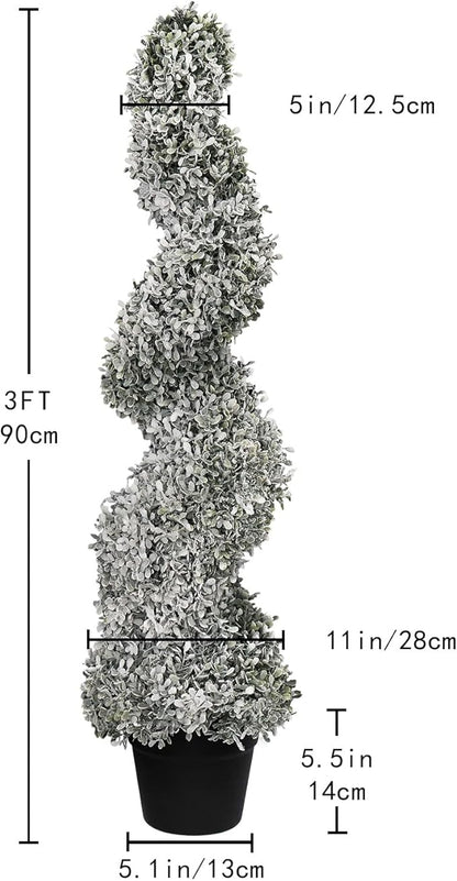 THE BLOOM TIMES 3ft Snow Flocked Spiral Topiary Trees Artificial Outdoor Set of 2, 36" Faux Fake Boxwood Plants for Front Porch Planter, Indoor or Covered Outside Display Decor 3 Foot