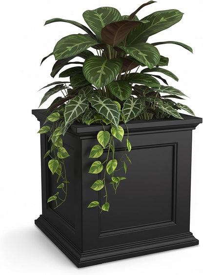 Mayne Fairview Self Watering Planter Box - 20 Inch Large Square, Classic Inset Panels, New England Architecture, Double Wall, UV & Weather Resistant for Indoor and Outdoor Use, Black