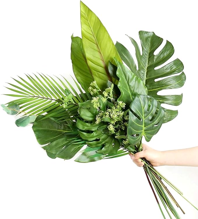 80pc 4-Kind Artificial Palm Leaves with Stems - Faux Monstera, Tropical Plant Simulation Safari Leaves for Tropical Decorations, Beach, Birthday, Jungle, Hawaiian Luau Parties