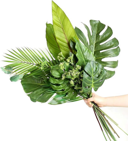60 Pieces 5 Kinds Artificial Palm Leaves with Faux Stem, Tropical Party Decorations Jungle Monstera Leaves Safari Leaves for Hawaiian Luau Party Jungle Beach Table Leave Decorations