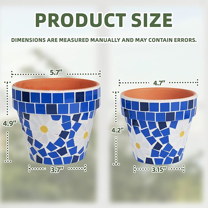 VOREEN Mosaic Terracotta Plant Pots, 2 Pack Handmade Glass Mosaic & Clay Flower Pots with Drainage Plug, Decorative Indoor Outdoor Planter Set for Home Decor, Windowsill, Balcony & Patio
