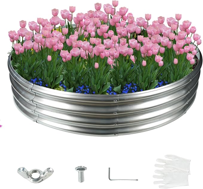 5FT Diameter Galvanized Garden Raised Bed/Plant Box/Fire Pit Ring-0.8mm Thick,12 Inch Tall,Crimped Edge and Corner,No Sharpe,Perfect for Plantings (Silver, 60 Dia X 11.5 inches)