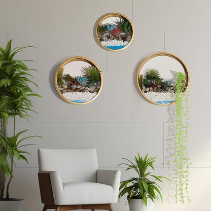 Gold Metal Wall Planter Set of 4, Indoor Metal Hanging Planter with 10Pcs Artificial Succulents Wall Decor Round Succulent Planters Air Plant Pots Container for Cactus Home Office Decor
