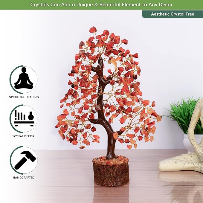 NARIBABU Carnelian Crystal Tree – 10-12 Inch Gemstone Tree with Golden Wire & Wooden Base – Healing Crystals Decor, Spiritual Gift, Gifts for Her, Birthday Gift for Women, Positive Energy Trees
