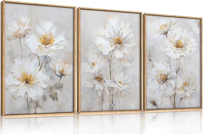 Aryroi Watercolor White Daisy Wildflower Framed Canvas Wall Art Set,Modern Natural Beige Floral Wall Decor,Minimalist Dreamy Flower Botanical Artwork For Living Room, Bedroom,Farmhouse-24 x36 x3