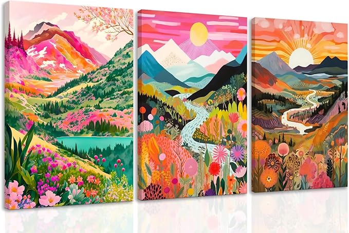 DUWQU 3 Piece Colorful Watercolor Mountain Canvas Wall Art Boho Floral Painting Picture Wall Decor Abstract Nature Landscape Poster Print Artwork for Living Room Bedroom Bathroom Office 12x16 Inches