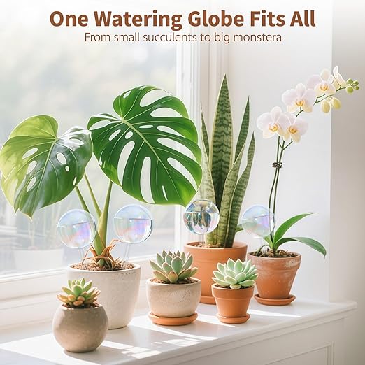 LASZOLA 6 Pcs Rainbow Glass Plant Self-Watering Globe for Indoor Outdoor, House Water Bulb for Small or Large Flower Pot, Iridescent Transparent Decorative Plant Dispenser Ball, Perfect for Vacation