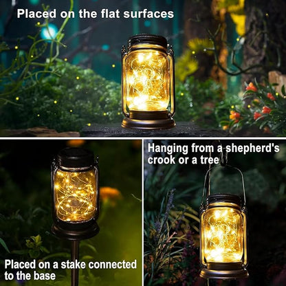 4 Pack Hanging Solar Lantern Lights,Gifts for Woman Mom Grandmom, Vintage Glass Mason Jar Solar Fairy Lights,Outdoor Decorative Waterproof Table Lamp with Stakes for Patio Yard Lawn Tree