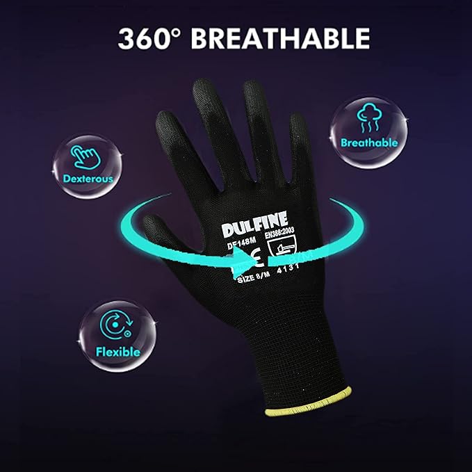 Ultra-Thin PU Coated Work Gloves-12 Pairs,Excellent Grip,Nylon Shell Black Polyurethane Coated Safety Work Gloves, Knit Wrist Cuff,Ideal for Light Duty Work. (Medium)