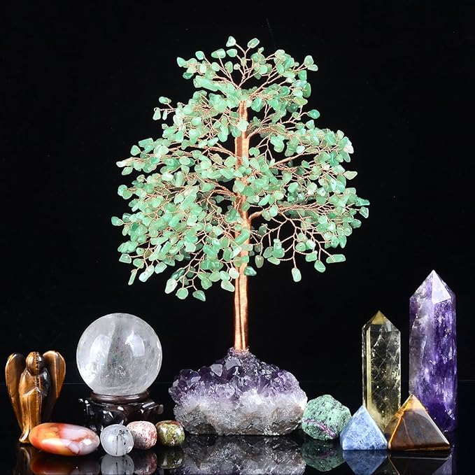 Gemstone Crystal Tree of Life, Natural Green Aventurine Jade, Chakra, Amethyst Geode Cluster, Positive Energy Healing Crystals, Feng Shui Decor Bonsai Money Tree, Size 10"-12