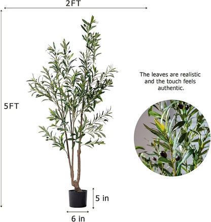 5FT Artificial Olive Tree Tall Faux Silk Plant Tall Faux Olive Tree with Natural Wood Trunk & Lifelike Fruits Fake Potted Tree or Home Office Decor