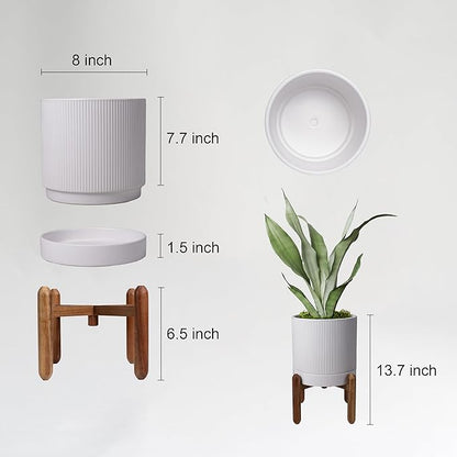 8 Inch Ceramic Planter with Natural Wood Stand w/Drainage & Saucer - Modern Indoor Planter for Cacti, Snake Plants & Aloe Vera