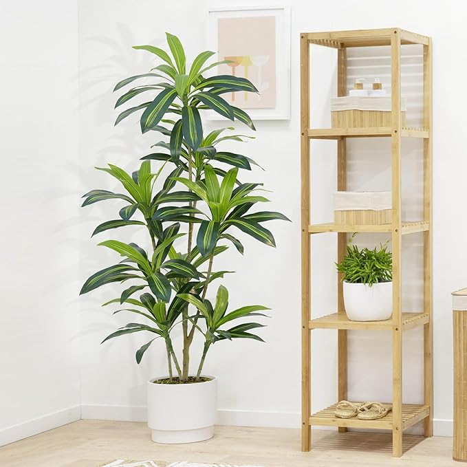 Dracaena Plant Artificial Tree 5Ft Tall Fake Tropical Floor Plants Potted (Real Touch) Artificial Silk Tree Leaf Faux Trees Black Tall Planter for Home Office Living Room Indoor Outdoor Decor