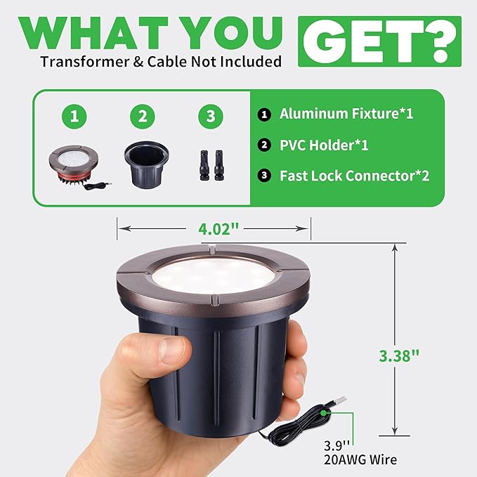 Well Lights Low Voltage, 12V In Ground LED Landscape Lights, IP67 Waterproof Outdoor, Open Top Aluminum ORB for Garden Driveway 6W 580LM 12 Pack