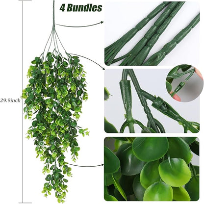 RECUTMS 4 Pack Artificial Hanging Plants Faux Eucalyptus Leaf Greenery Fake Plant for Wall House Room Patio Indoor Outdoor Home Shelf Office Decor (Green)