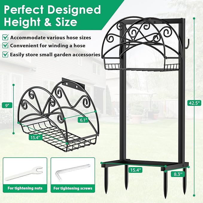 TomCare Garden Hose Holder Upgraded Water Hose Holder with Storage Basket 2 Tool Hooks Heavy Duty 4 Spikes Hose Hanger Holds 160ft Hoses Freestanding Hoses Storage Organizer for Outside Yard