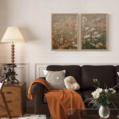 Framed Vintage Canvas Wall Art Modern Floral Poster Picture Countryside Painting Nature Landscape Contemporary Home Print Living Room Gallery Office Ready to Hang 16x24 Inch x2