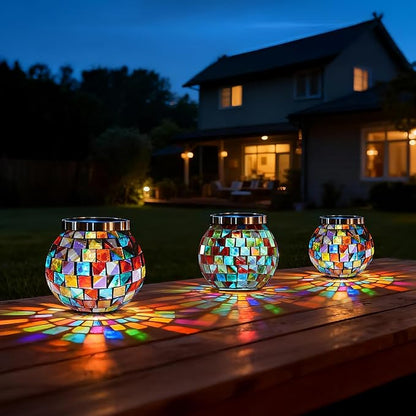 Cooo 2 Pack Landscape Lighting Path Lights Heavy Solar Mosaic Lantern with RGB Color-Changing Light – Dual Solar Panels, Red Amber Glass Tiles, Waterproof Outdoor Christmas Decorations