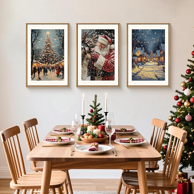 Aryroi Large Enchanting Christmas Framed Canvas Wall Art Set,Santa Claus Reindeer Wall Decor,Magical Glowing Christmas Tree Artwork,Winter Snowy Village Art Print for Living Room,Bedroom- 24"x36"x3