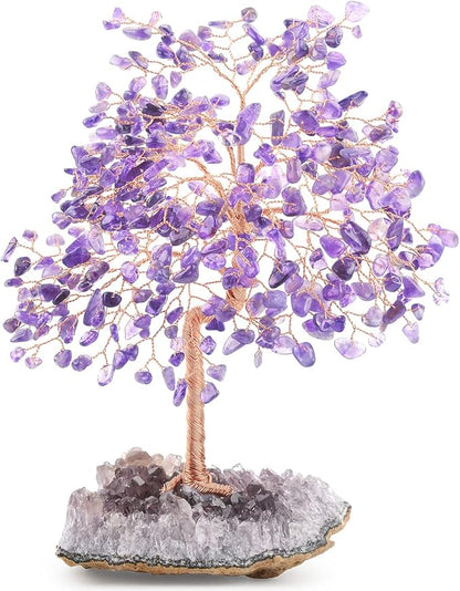Natural Gemstone(406 Stone Count) Amethyst Crystal Tree of Life,Chakra Balancing Positive Enegy Fengshui Decor Bonsai Money Tree,Good Luck Spiritual Gift Height 8.5-9 Inches