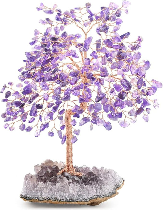 Natural Gemstone(406 Stone Count) Amethyst Crystal Tree of Life,Chakra Balancing Positive Enegy Fengshui Decor Bonsai Money Tree,Good Luck Spiritual Gift Height 8.5-9 Inches