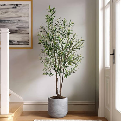 5FT Artificial Olive Tree Artificial Olive Plants, Tall Faux Olive Tree Faux Silk Plant Fake Plant Ultra-Realistic Silk Leaves & Natural Trunk Indoor Outdoor Use
