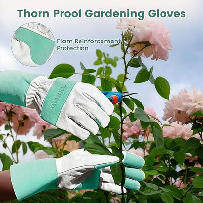 Gardening Gloves, Long Thorn Proof Garden Gloves for Women and Men, Goatskin Breathable Leather Work Gloves for Gardening, Pruning, Yard Work, Turquoise, M