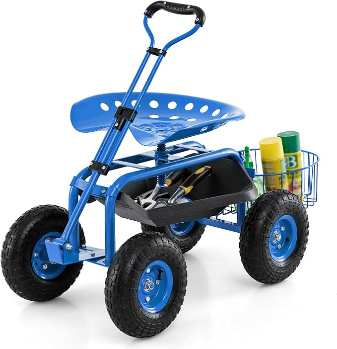 Goplus Rolling Garden Cart with Seat, Outdoor Garden Stool with Wheels, Tool Tray & Basket, Adjustable Steering Handle, 360 Degree Swivel Seat for Planting, Gardening Scooter for Lawn, Yard, Patio