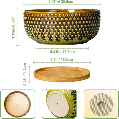 Bonsai Pots 8 Inch - Ceramic Planter for Indoor Plants, Succulent Pots with Drainage Hole and Plant Tray, Modern Round Decorative Flower Planters, Home Decor, Brown & Green