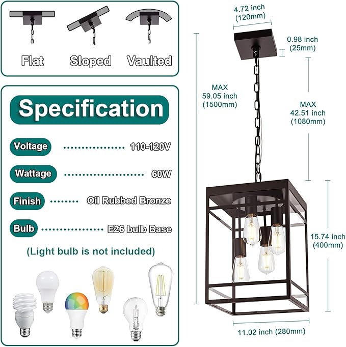 Large Outdoor Pendant Light for Porch, Oil Rubbed Bronze Outdoor Hanging Light Fixture with Clear Glass Shade, Exterior Linear Chandelier Hanging Lantern for Outside Patio,Front Door