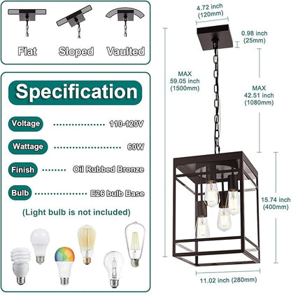 Large Outdoor Pendant Light for Porch, Oil Rubbed Bronze Outdoor Hanging Light Fixture with Clear Glass Shade, Exterior Linear Chandelier Hanging Lantern for Outside Patio,Front Door