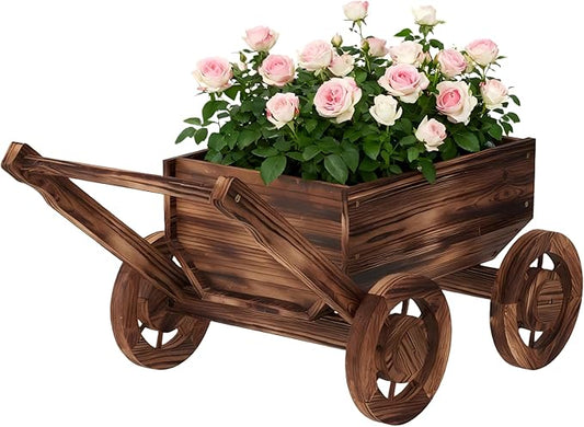 Wooden Flower Cart with Wheels Wooden Wagon Planter Outdoor Garden Planter Decor Planter for Patio Balcony Trolley Decoration Succulent Flower Pot, Indoor Backyard Balcon Decor（S）