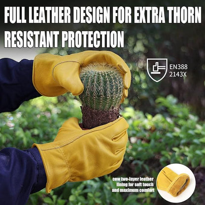 OZERO Gardening Work Gloves Men,1 Pair Insulated Heavy Duty Cut Resistant Thorn Proof Leather Cowhide Mens Women Mechanic Garden Gloves for Driving Welding-XLarge