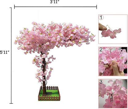 Artificial Cherry Blossom Tree 5.9Ft, Pink Silk Flowers with Solid Wood Trunk for Home & Garden Decor