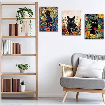3 PCs Garden Cat Wall Decor Canvas Wall Art Framed Art Cat Posters, Cat Decor for Cat Lovers, Cat Lover Gifts, Aesthetic Artwork for Walls Living Room Bathroom Kitchen Bedroom Home Office Decor