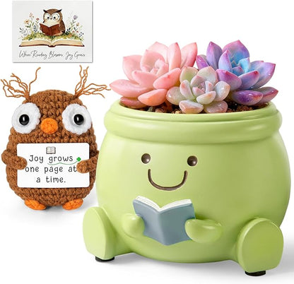 Book Lover Gift Set - Cute Reading Planter Pot with Positive Crochet Owl & Quote Card, Cozy Desk Decor for Teachers, Librarians, Women, Colleague, Friends