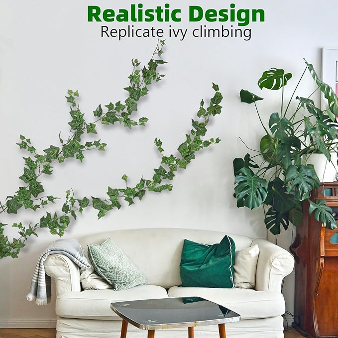 2 Strands Artificial Ivy Vines Garland, Fake Vines for Bedroom with Silk Green Leaves Faux Ivy Garland Greenery, Christmas Home Classroom Decor Garden Wedding Party Wall Aesthetic
