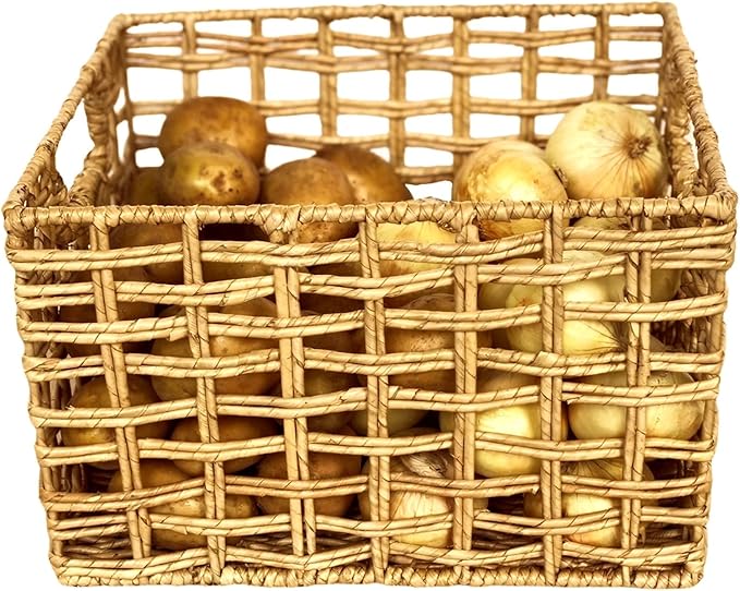 Handwoven Natural Basket Set – 3 Buri & Wicker Crates, 12"x10"x8", Storage for Pantry, Kitchen, Shelves, Breathable Open Weave Organizer, Rustic Milk Crate Design