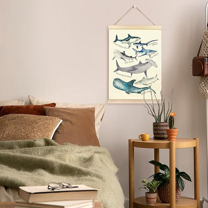 TAEDIN Watercolor Shark Ocean Animal Chart Poster Hanger Frame, Educational Shark Kid Bathroom Decor Wooden Canvas Artwork Print, Sea Life Wall Painting for Homeschool Classroom Library Dorm Decor 16X24