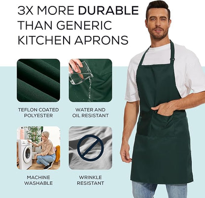 Will Well Kitchen Apron for Men and Women - 33" x 27" Oil-and-Water-Resistant with Adjustable Neck Strap and 38" Waist Ties for a Snug Fit, Lightweight with 2 Front Pockets - 1-Pack, Green