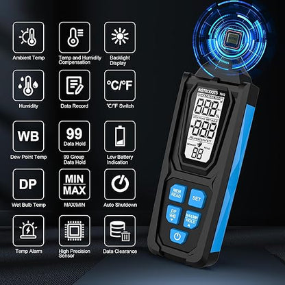 Temperature Humidity Meter, High Precision Digital Psychrometer Hygrometer with Dew Point, Wet Bulb Thermometer for Indoor Outdoor, 99 Data Storage, Temp Alarm, Backlight, MAX/MIN, Auto Shutdown