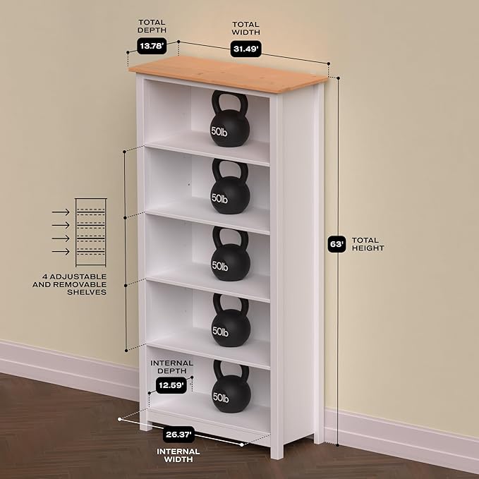 From the Tree Furniture Solid Pine Wood Bookcase – Tall Bookshelf with 4 Adjustable Shelves for Home, Office & Kids Room