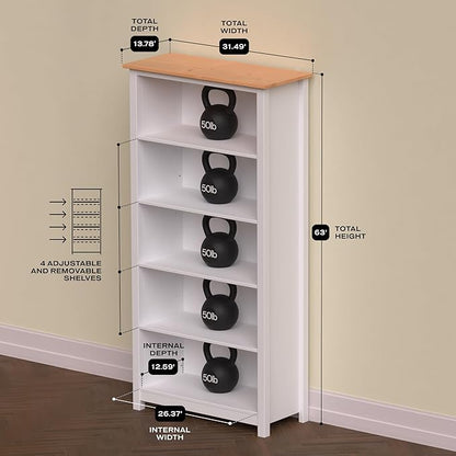 From the Tree Furniture Solid Pine Wood Bookcase – Tall Bookshelf with 4 Adjustable Shelves for Home, Office & Kids Room