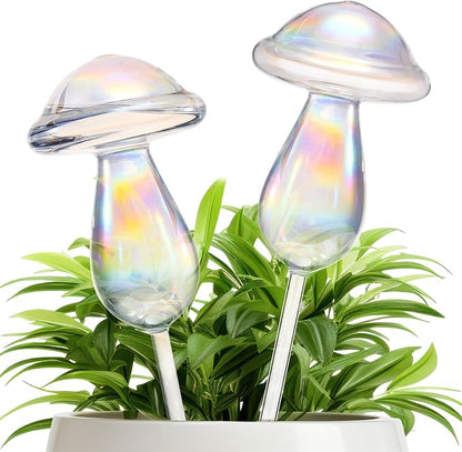 2 Pcs 17 Oz Plant Watering Globes Large Mushroom Shaped Iridescent Rainbow Self Watering Globes Clear Glass Planter Insert Devices for Indoor Outdoor Plant Lovers