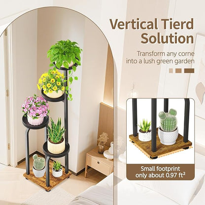 LASZOLA Black 5 Tiered Tall Plant Stand Indoor with Heavy Duty Metal Tray, Large Multi Level Vertical Planter Rack for Narrow Corner, Sturdy Rustic Tall Orchid Flower Shelving Holder for House Decor