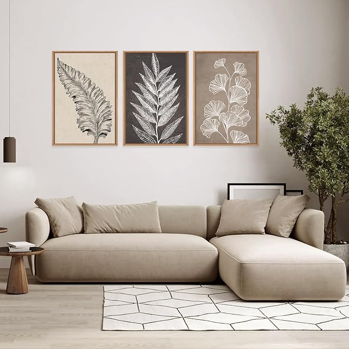 HOURIA Abstract Boho Fern Leaf Floral Framed Canvas Wall Art Set,Vintage Botanical Leaves Wildflower Decor,Modern Minimalist Nature Inspired Beige & Brown Artwork for Living Room,Farmhouse-16 x24 x3