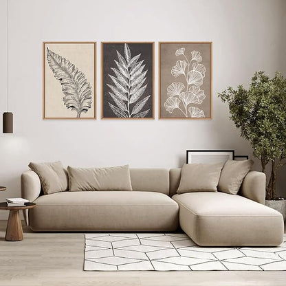 HOURIA Abstract Boho Fern Leaf Floral Framed Canvas Wall Art Set,Vintage Botanical Leaves Wildflower Decor,Modern Minimalist Nature Inspired Beige & Brown Artwork for Living Room,Farmhouse-16 x24 x3