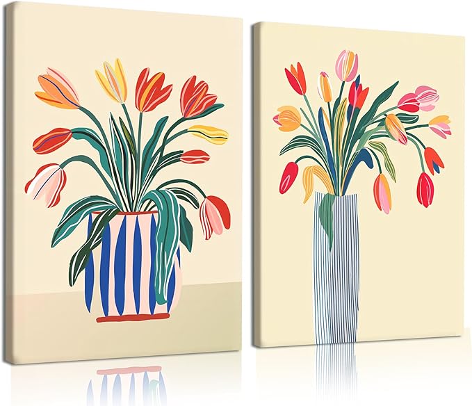 RUMSICH 2 Pcs Abstract Tulip Canvas Wall Art Modern Floral Wall Decor Pictures Colorful Botanical Posters Print Vintage Blue Striped Vase Paintings Artwork Living Room Bedroom Office Decor 12x16 Inch
