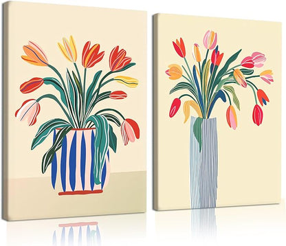 RUMSICH 2 Pcs Abstract Tulip Canvas Wall Art Modern Floral Wall Decor Pictures Colorful Botanical Posters Print Vintage Blue Striped Vase Paintings Artwork Living Room Bedroom Office Decor 12x16 Inch